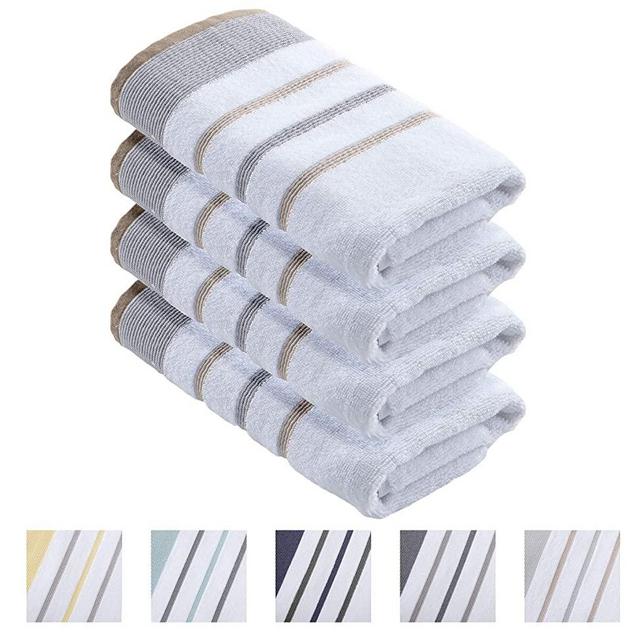 100% Turkish Cotton, Striped Hand Towel Set (16 x 30 inches) Oversized Decorative Luxury Hand Towels. Noelle Collection (Set of 4, Glacier Grey/Cappuccino)