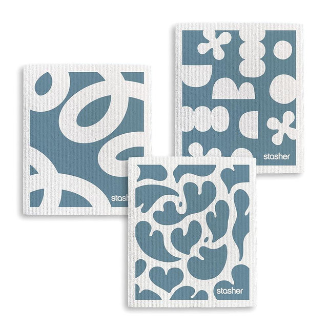 Stasher Reusable Swedish Dishcloths 3-Pack, Geometric Print, 7” W x 8” L, Washable, Absorbent, 100% Biodegradable, Odor & Stain Resistant, Eco-Friendly Kitchen Paper Towel Alternative
