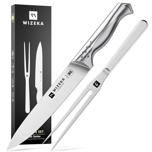WIZEKA Turkey Carving Knife Set 2-Piece, 8-inch Carving Knife and Fork Set, Ultra-Sharp German Stainless Steel Kitchen Knife for Meat, BBQ, Carving Set with Gift Box, Jaguar Series