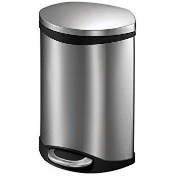 EKO 93250-1 Oval 1.5 Gallon Small Stainless Steel Step Trash Can with Lid | 6 Liter Metal Waste Bin