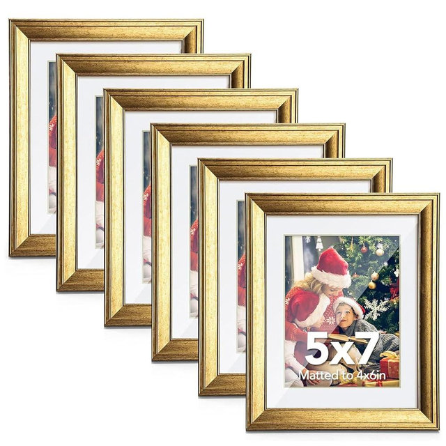 SYNTRIFIC 5x7 Gold Picture Frames Set of 6, Photo Frame 4x6 with Mat or 5x7 Without Mat, Photo Collage Frames for Wall Mounting and Tabletop Display