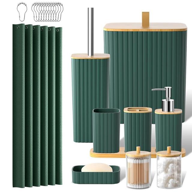 Z ZONAMA Bathroom Accessories Set - 22PCS Bathroom Set with Shower Curtain, Trash Can, Toilet Brush Holder Set & Soap Dispenser – Stylish & Functional Bath Decor for Home, Apartment, Green
