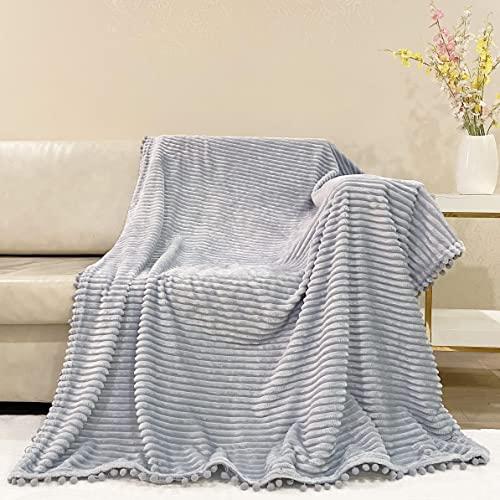 NAISI Flannel Throw Blanket with Pom Pom Fringe and Super Soft Stripe Pattern Lightweight Cozy Fleece Blanket Perfect for Bed Couch Sofa  (Light Grey, 51"x 63")