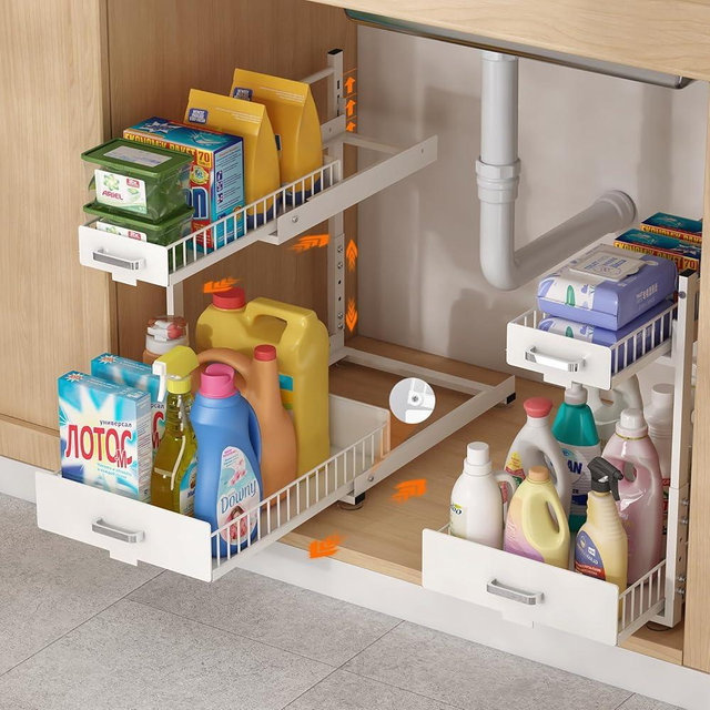 LIAISIMI 2 Pack Under Sink Organizer, 2 Tier Slide Out Cabinet Organizer with Pulley, Height Adjustable Pull Out Shelf for Kitchen, Bathroom, Laundry and Utility Storage, White