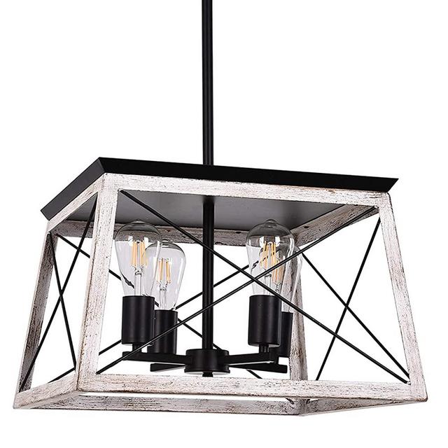 Luupyia Farmhouse Pendant Light Fixture, 4-Lights, Adjustable, Rectangular Rustic Chandeliers Farmhouse Light Fixture Vintage Island Lighting for Dining Room, Entryway and Living Room Beige