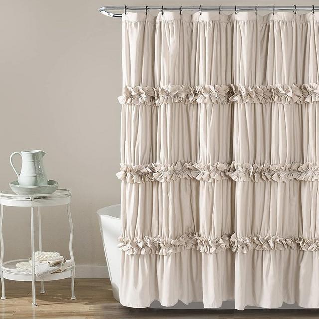 HIG Ruffled Farmhouse Shower Curtain, Camel Frilly Feminine Bathroom Curtain with 3 Rows of Handmade Butterfly Flowers, Elegant Cloth Bath Curtain for Bathroom Decor, 72" x 72", Microfiber (Westbury)