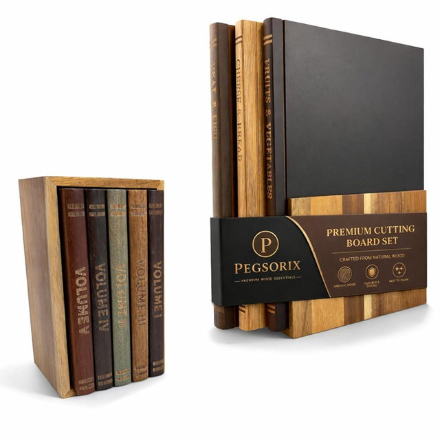 Kitchen Library Gift Set | Acacia Wood Cutting Board Set with Book Coasters & Display Stand | Decorative Kitchen & Housewarming Gift | The Cutting Board Library™