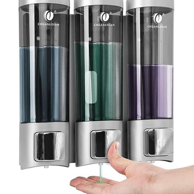 Shower Shampoo Dispenser Soap Dispenser 3x200ml Chamber No Drill Wall-Mounted Shower Pump Soap Dispenser Shampoo Box Lotion Shower Gel Container Dispenser for Toilet Bathroom Hotel Silver