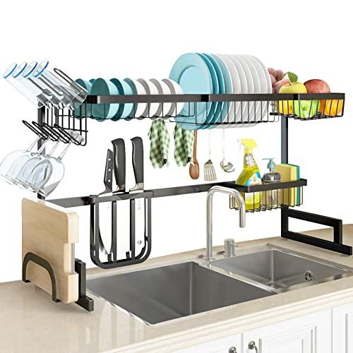 SLENPET Over The Sink Dish Drying Rack, Adjustable (33”- 41”) Large Dish Drainer, Kitchen Supplies Shelf with Utensil Holder and 5 Hooks, Sturdy Stainless Steel Space Save Rack for Counter Storage