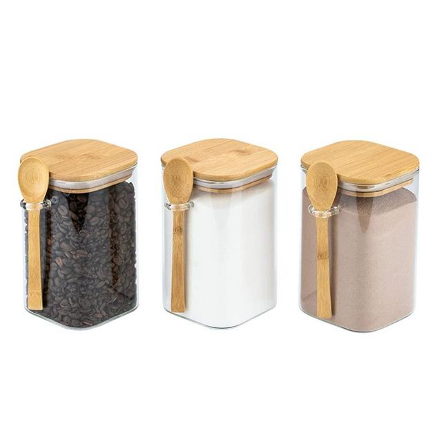 Set of 3 Square Glass Food Storage Containers With Bamboo Lids & Spoons – Decorative Airtight 40 Ounce Borosilicate Glass Food Storage Jars for Coffee, Tea, Sugar, Flour, Candy, Bath Salts & More