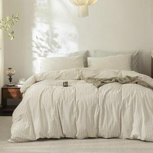 FOSSA Striped Duvet Cover Set 100% Washed Cotton Linen Feel Super Soft Breathable Cozy 3 Pieces Bedding Sets Almond Milk Grey Classic Stripes Queen