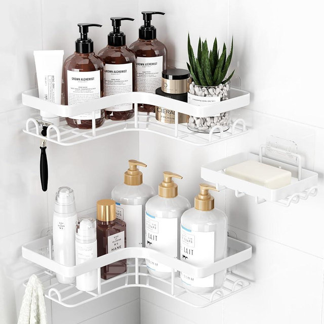 Sakugi Corner Shower Caddy - 3-Pack Shower Organizer with Soap Holder & Built-In Hooks, Rustproof Metal Shower Shelves, Laundry, Kitchen, Bathroom Organizers and Storage Solution, Large, White