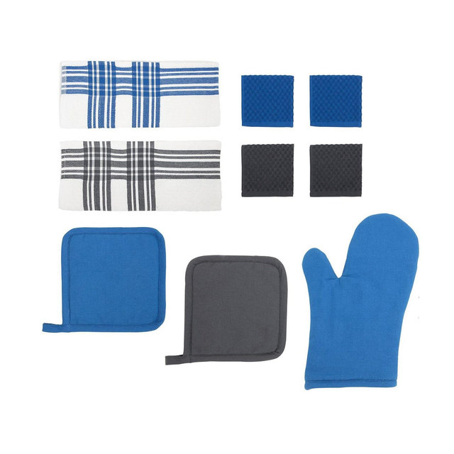Chicago Metallic 9-Piece Kitchen Textile Set, Cotton Oven Mitt & Towels - Machine Washable
