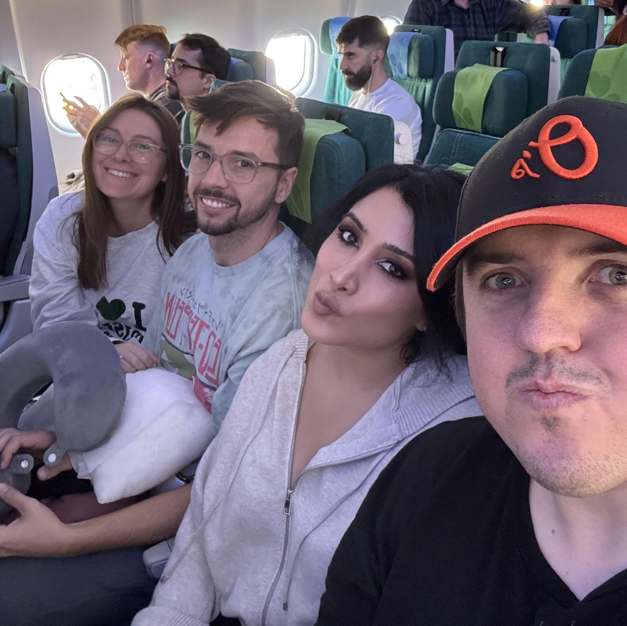 10 hr flight together with lots of movies & trivia battles