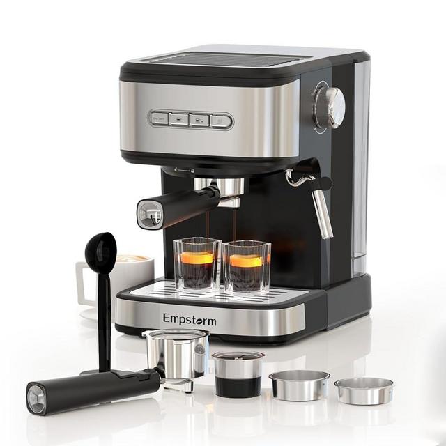 Empstorm 20 Bar Espresso Machine, 2-in-1 Coffee Maker with Milk Frother Steam Wand, 50oz Water Tank, Compatible with Coffee Powder and Capsules, 120V for Cappuccino Latte, Black