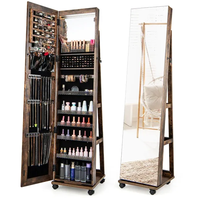 Costway 64" Jewelry Organizer Lockable Jewelry Cabinet Armoire w/ Mirror & LED Lights Coffee