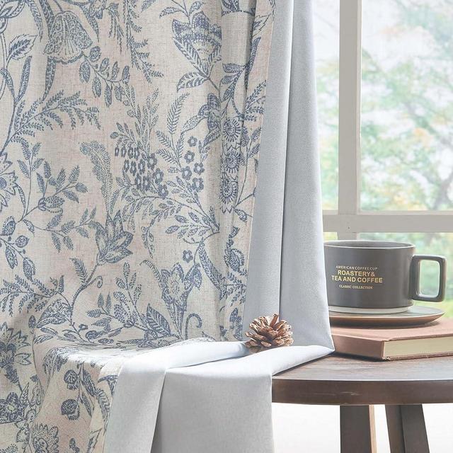 Lazzzy Blue Floral Lined Curtains Farmhouse Linen 84 Inches Length Back Tab Drapes for Living Room Bedroom Flower Patterned Country Vintage 2 Panels Set Rod Pocket Green on Beige
