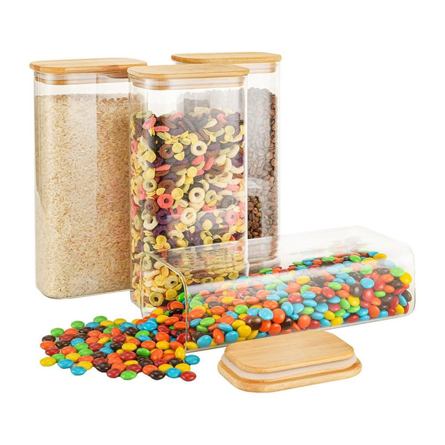 D2scrma 64oz Rectangle Airtight Glass Storage Containers with Bamboo Lids (Set of 4), Square Food Storage Jar, Pantry Organizers for Cereal, Flour, Pasta and Coffee beans (‎with Black Lable)
