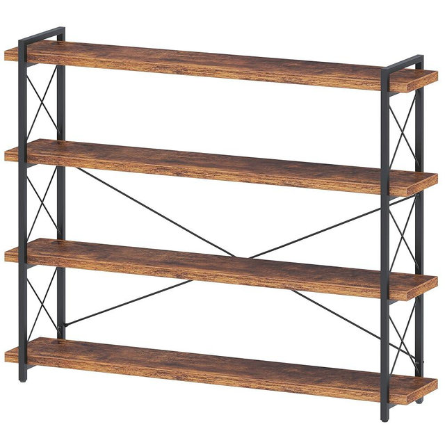 HCHQHS Large Bookshelf, 4-Tier Long Industrial Bookcase, Rustic Brown Book Shelf, Freestanding Horizontal Bookshelves with Metal Frame
