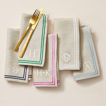 Herringbone Border Linen Napkins, Set of 4