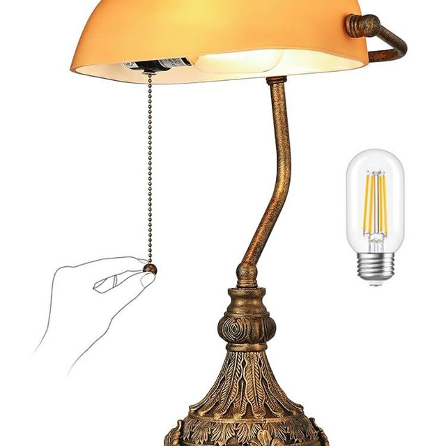 Newrays Vintage Amber Glass Bankers Desk Lamp for Home Office,Library with Pull Chain Switch Plug in Fixture, LED Bulb Included