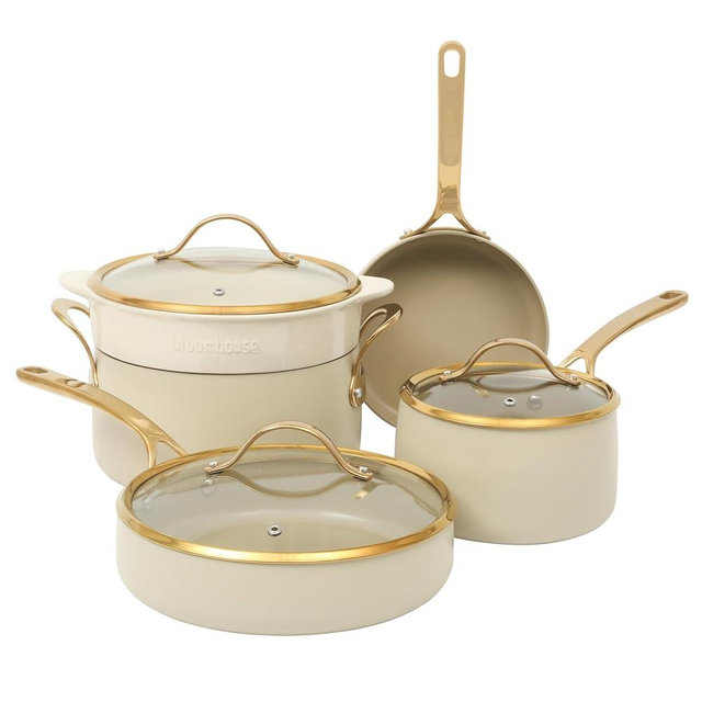 bloomhouse 8 Piece Pots and Pans Heavy Duty Aluminum Premium PFA Free Ceramic Nonstick Dutch Oven Pot w/Lid - Almond Cream w/Gold Handle