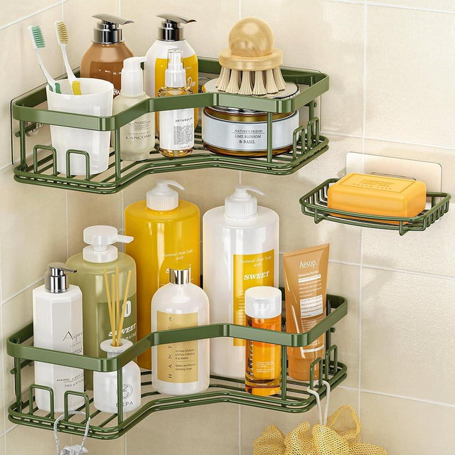 MAXIFFE Shower Caddy, 3-Pack Shower Organizer with Soap Holder, Corner Shower Caddy with 8 Hooks, Wall Mounted Shower Shelf for Bathroom, Kitchen, Countertop, Forest Green