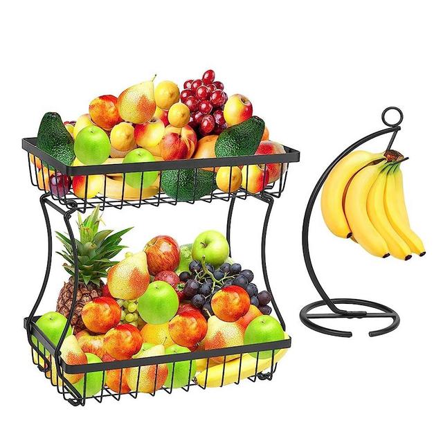 Livabber 2 Tier Fruit Basket Bowl with Banana Hanger Tree Set, Metal Wire Vegetable Storage Basket+ Banana holder Stand for Kitchen Countertop, Fresh Fruit Bread Snack Veggies Organizer (Black)
