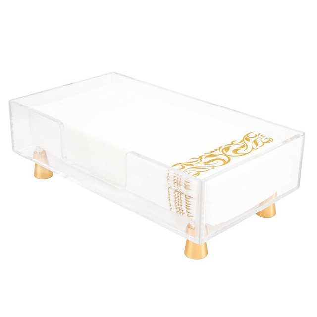 Acrylic Napkin Holder with Feet, LUVCOSY Acrylic Guest Towel Holder, Clear Hand Towel Storage Tray, Unique Gold Feet Design, Paper Towel Dispenser for Bathroom, Kitchen, 9x5 Inches- Rectangular