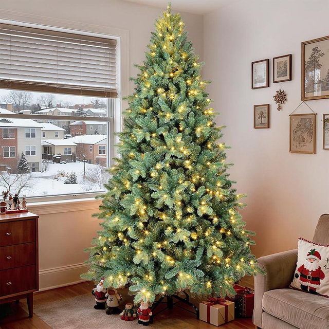 7 Ft Pre-Lit Artificial Christmas Tree, w/ 500 LED Warm Lights, 1838 PE&PVC Mixed Branch Tips, Faux Xmas Tree for Home, Office, Party Decoration, Easy Assembly, Metal Hinges & Foldable Base