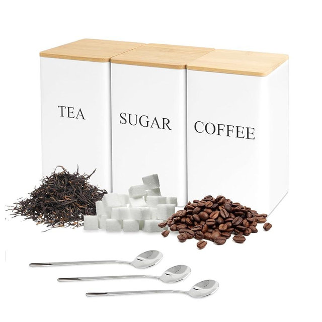 DIBALIYI 3 Pcs Tea Coffee Sugar Canisters, Black Metal Canister Storage Jar Container Set, Food Storage With 3 Spoons, Rust Resistant Powder Coated Iron Caddies for Kitchen Worktop Organizer (White)