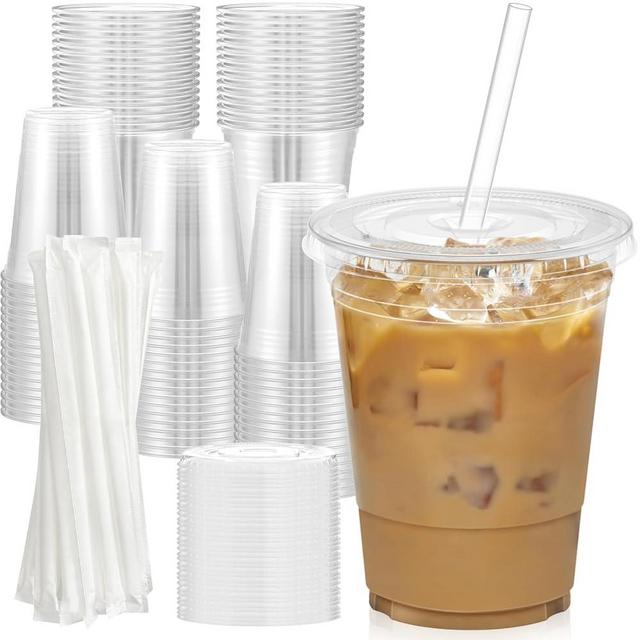 Dealusy 100 Pack - 16 oz Clear Plastic Cups with Lids and Straws, Sturdy & Food Safe Iced Coffee Cups with lids, Iced Coffee Cup, Disposable Cups Plastic Coffee Cups Smoothie Cups for Cold Drinks