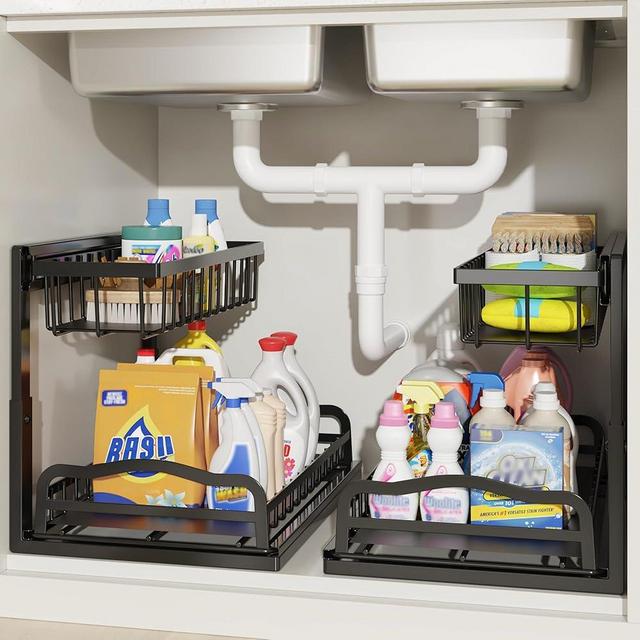 AceMining Under Sink Organizer, 2 Pack Pull-Out Under Cabinet Organizer, 2 Tier Under Sink Storage with Sliding Basket, L-Shaped and Adjustable Height Design for Kitchen and Bathroom