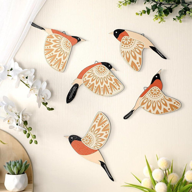 Barydat 5 Pcs Wooden Bird Wall Art Wood Flying Birds Wall Decor Rustic Folk Art Scandinavian Home Decor for Gift Living Room Bedroom Kitchen Office (Orange)