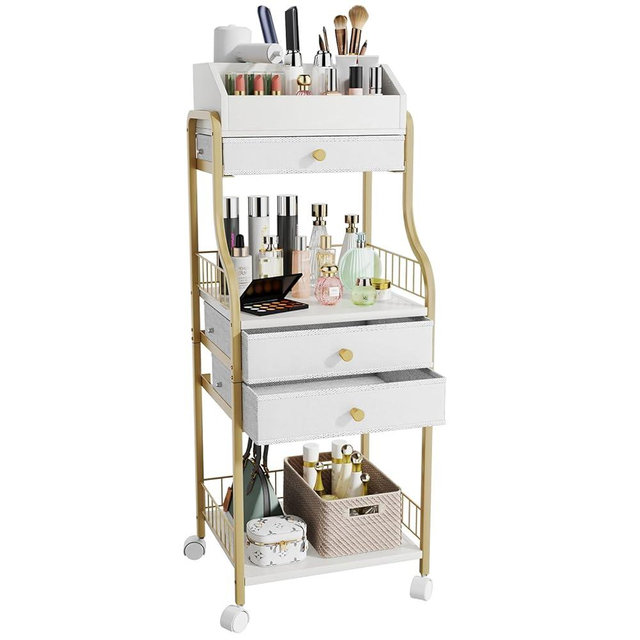 HapiRm Floor Makeup Organizer Storage - Vanity Skincare Make Up Organizers and Storage with Drawers, Cosmetics Display Cases Holder for Skin Care Nail Polish Perfume Makeup Brush, Gold