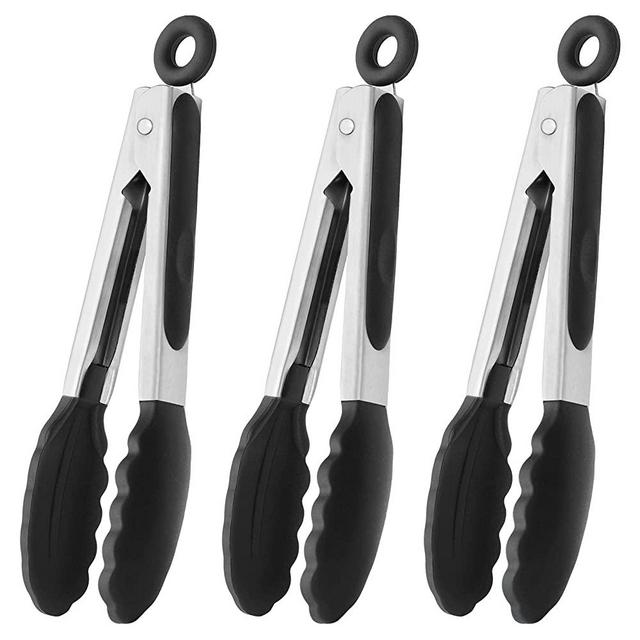 HINMAY Mini Tongs with Silicone Tips 7-Inch Kitchen Tongs, Set of 3 (Black)