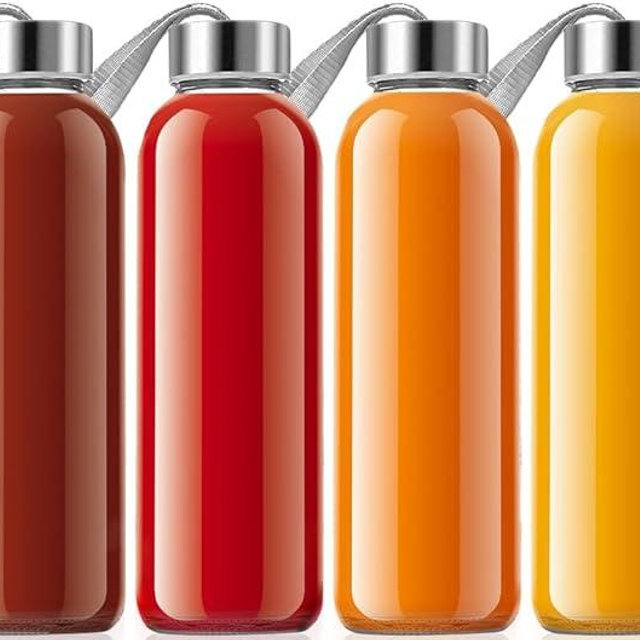 QCen 18oz Clear Glass Bottle for Juicing, Reusable Glass Water Bottles for Juicer Machine, with Stainless Steel Leak-Proof Lids, Wide Mouth Liquid Storage Containers, BPA Free, Set of 6
