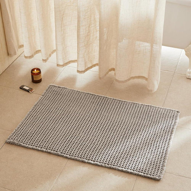 TYUU Waffle Bath Mat, Boho Bathroom Rugs Non Slip Washable Super Absorbent Quick Dry Bath Mat Farmhouse Bathroom Decor, 36"x24" Light Grey