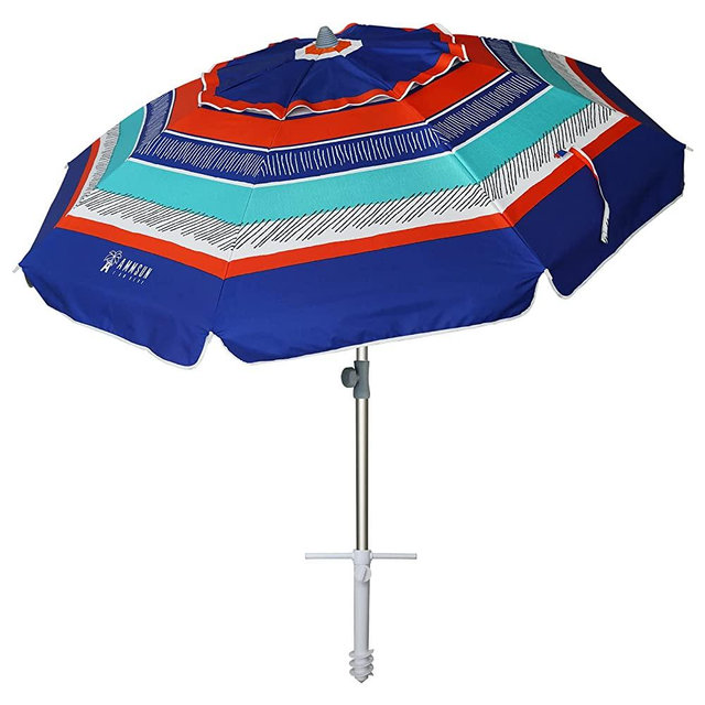 AMMSUN 7ft Beach Umbrella with Sand Anchor Portable Outdoor Patio Sun Shelter UV 50+ Protection & Tilt Aluminum Pole with Carry Bag for Beach Patio Garden Outdoor Multicolor Blue