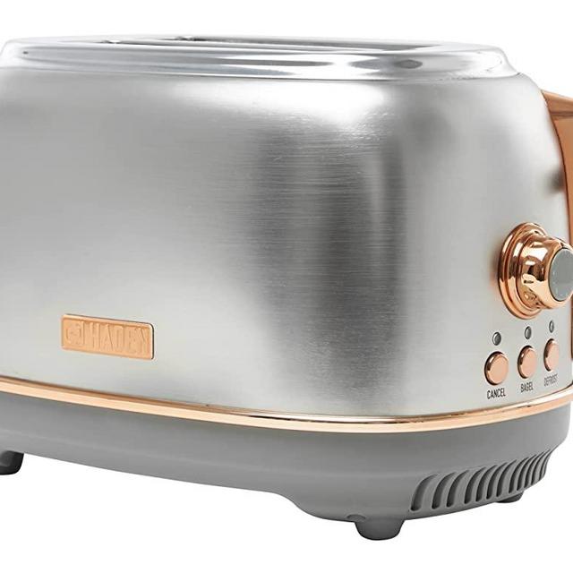 Haden 75105 Heritage 2 Slice Toaster, Wide Slot with Removable Crumb Tray and Settings, Steel and Copper