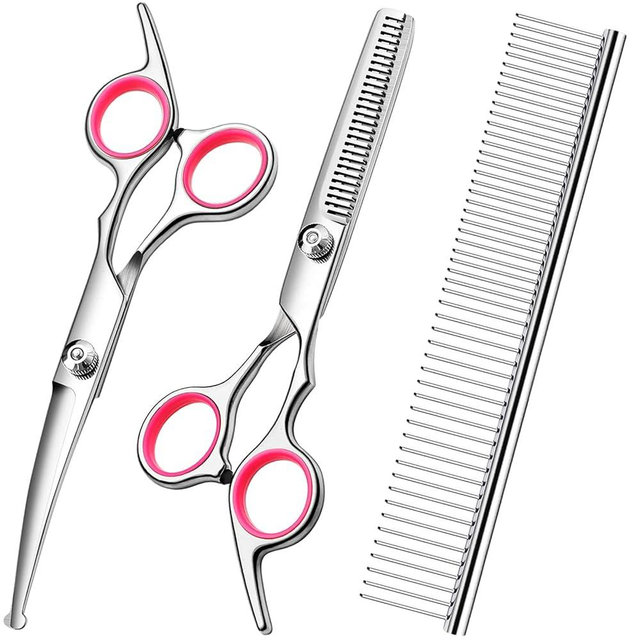 FAIGEO Dog Grooming Scissors with Safety Round Tips Stainless Steel Professional Dog Grooming Kit - Thinning, Curved Scissors and Comb for Dog Cat Pet (Pink 4 in 1)