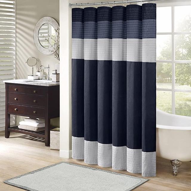 Madison Park Amherst Bathroom Shower Faux Silk Pieced Striped Modern Microfiber Bath Curtains, 72x72 Inches, Navy