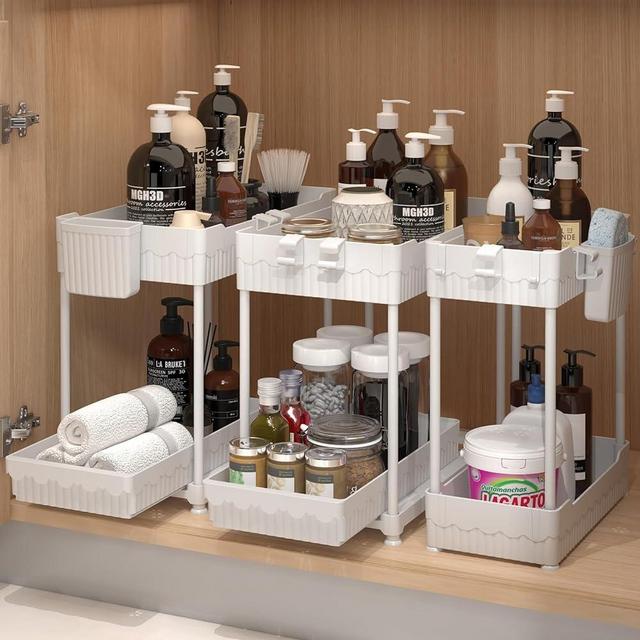 Sevenblue 3 Packs Under Sink Organizer, 2-Tier with Sliding Drawer, Multi-Use Kitchen Organizers and Storage and Bathroom Cabinet Organizer with Hooks and Hanging Cups, White