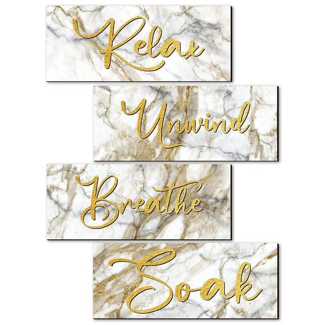 4 Pieces Relax Soak Unwind Breathe Wall Art Wooden Hanging Signs Rustic Vintage Farmhouse Gold Bathroom Wall Decor for Home Laundry Spa Room (Modern Style, 10 x 4 Inch)