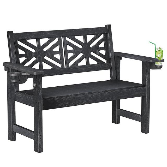 Outdoor Bench, HDPE Weatherproof Outdoor Bench with 2 Cup Holders, 2-Person Garden Bench with 600lbs Weight Capacity, Easy to Move, Hook Design, Park Benches for Garden, Porch, Patio, Backyard, Black