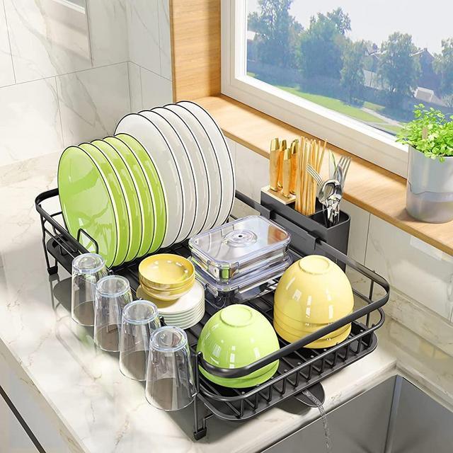 PXRACK Dish Drying Rack, Expandable(12.8"-21.5") Dish Rack with Utensil Holder Cup Holder, Stainless Steel Dish Rack and Drainboard Set for Kitchen Counter, Black