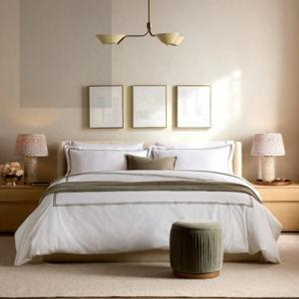 Classic Organic Percale Embellished Deluxe Bedding Bundle in White/Dusty Olive