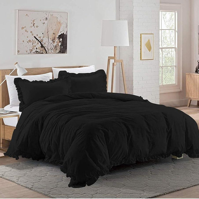 La Calypso Bedding 100% Cotton 600 Thread Count 3 Piece Frilled Duvet Set, 1 Piece Edge Ruffle Frilled Duvet Cover with Zipper Closure & Corner Ties and 2 Pillow Cover (Full/Queen Size, Black)
