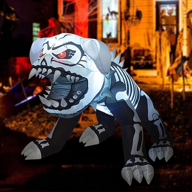 GOOSH 5 Feet Length Halloween Inflatable Puppy Skeleton Dog with Built-in Flashing Red F5 Lights, Blow Up Yard Decoration Clearance with LED Lights Built-in for Holiday/Party/Yard/Garden