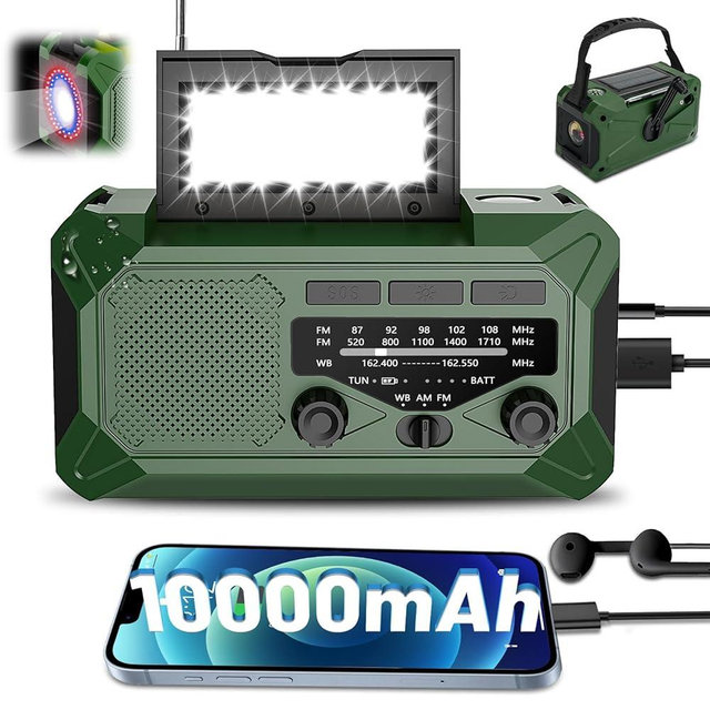 10000mAh Emergency Hand Crank Radio with LED Flashlight, AM/FM NOAA Portable Weather Alert Radio, Solar Powered Radio with Phone Charger, USB Charged, Headphone Jack, SOS Alarm, Compass for Outdoors